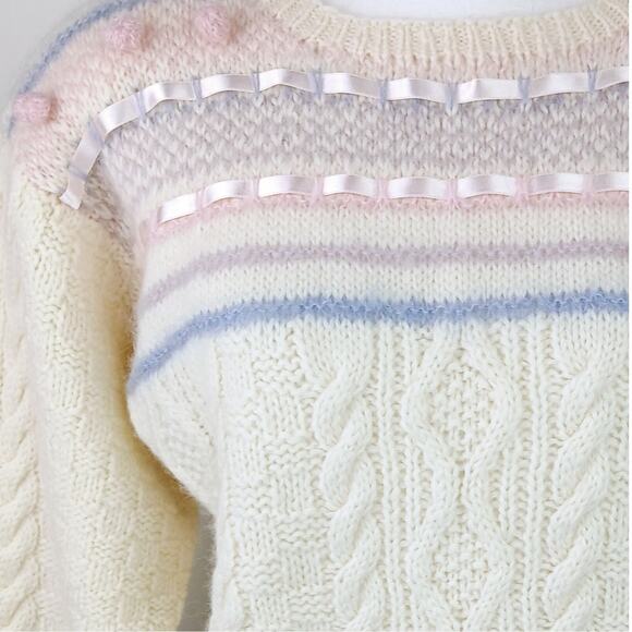 Jennifer Reed SZ S VTG Knitted By Hand Wool Cable Knit Popcorn Satin Sweater NWT - Picture 3 of 8